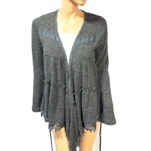 Anthropologie Ryu Cardigan Open Tiered Tie Waist Lace Trim Size M Gray